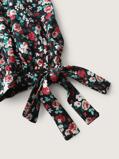 Floral Print Shirred Sleeve Tie Blouse