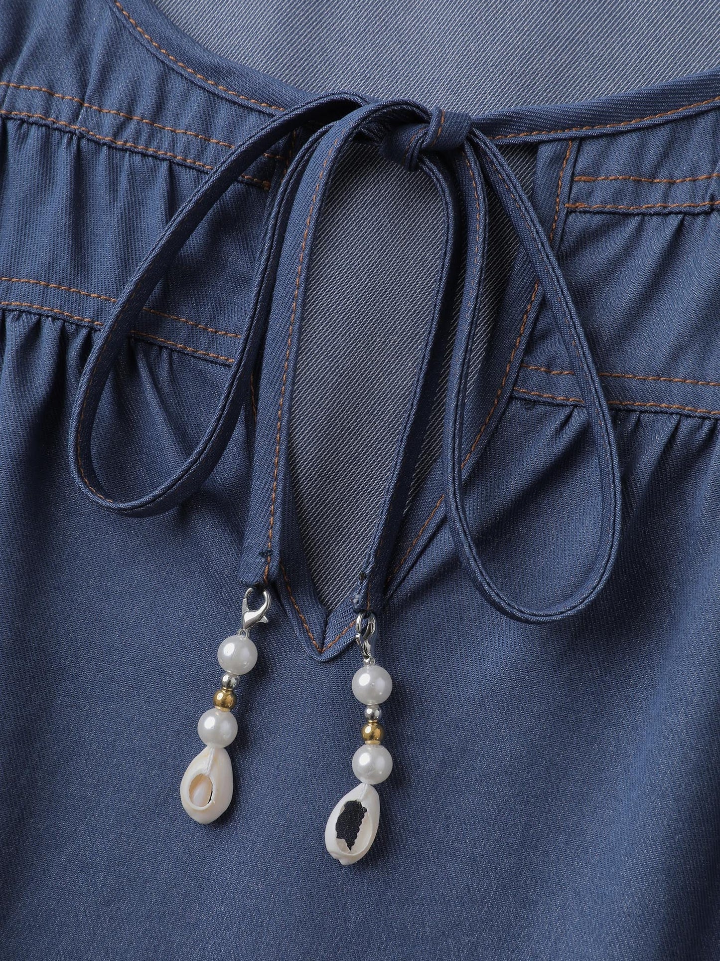 Relaxed-Fit Denim-Style Neck Tie Blouse