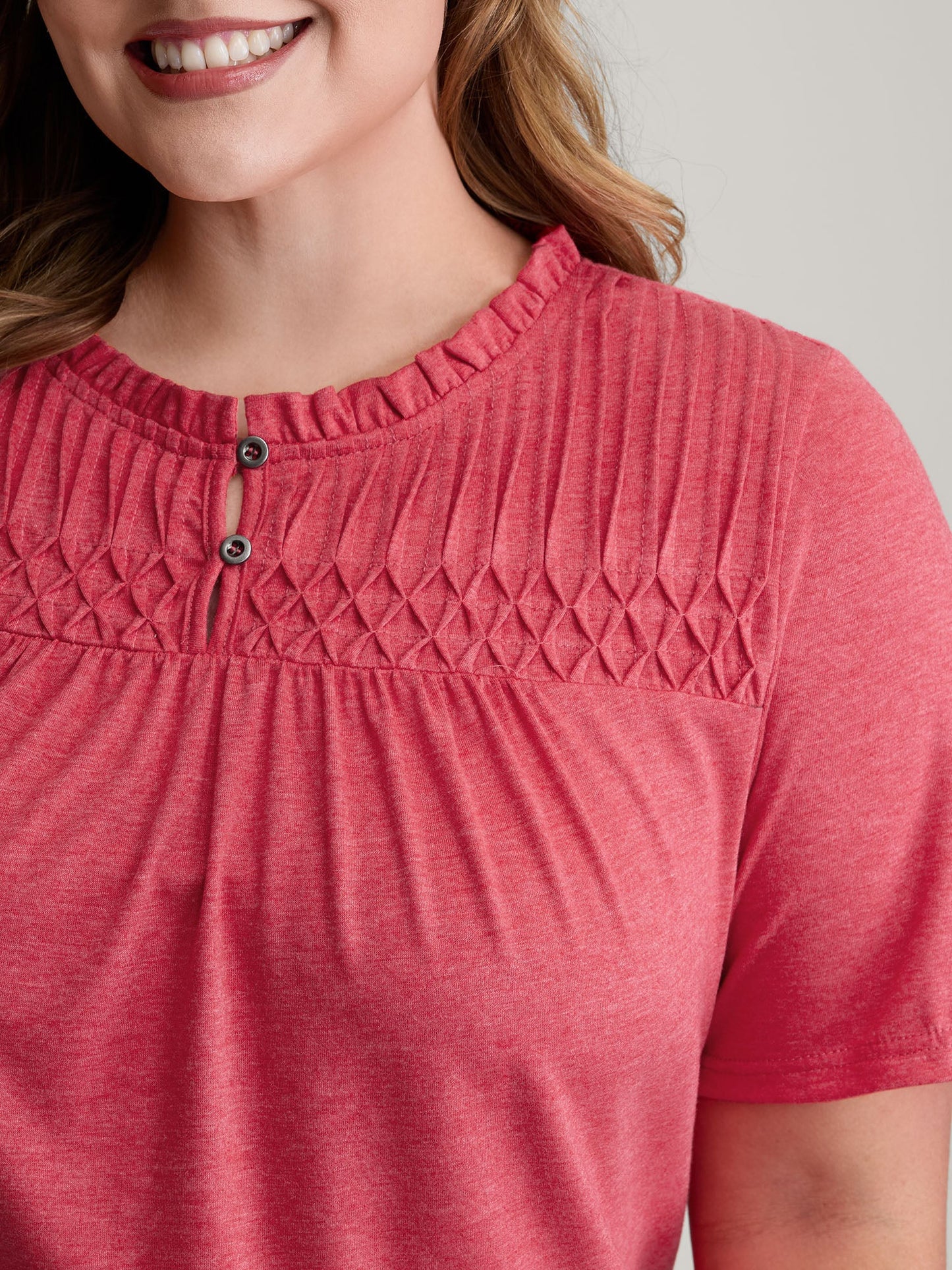 Stretchy Ruched Neckline Ruffled Neck T-Shirt