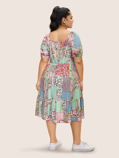 Patchwork Boho Print Raglan Sleeve Midi Dress