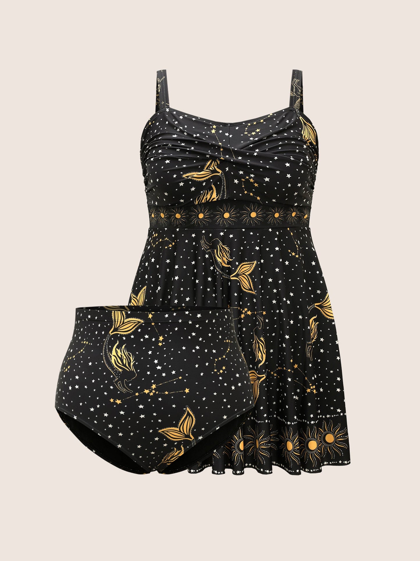 Star & Sun Print Heart Neckline Crossover Swim Dress