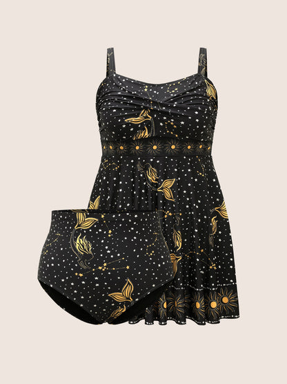 Star & Sun Print Heart Neckline Crossover Swim Dress
