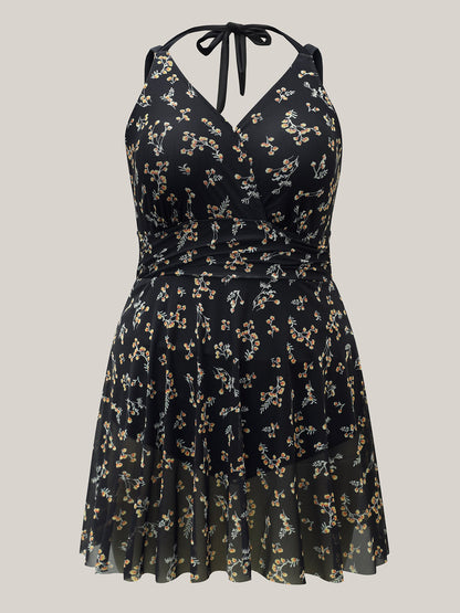 Floral Mesh Sheer Splits Swim Dress