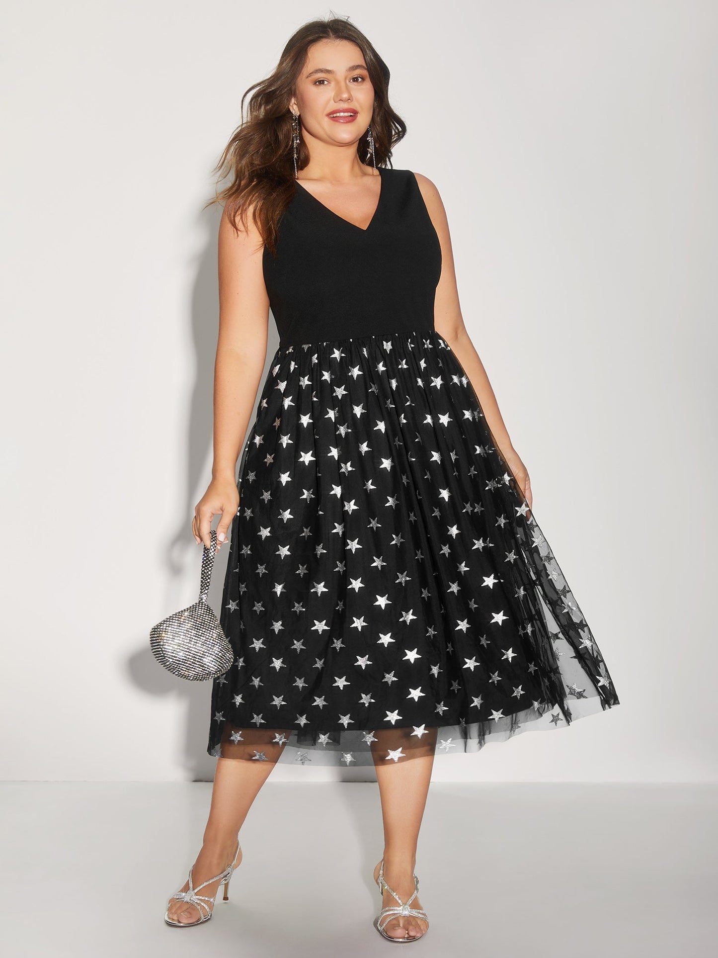 Sequins Star Print V-Neck Midi Dress