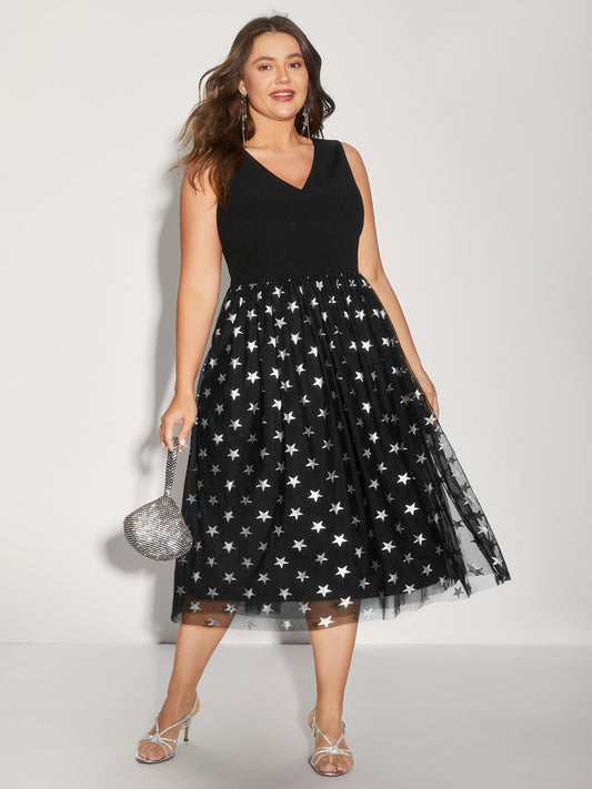 Sequins Star Print V-Neck Midi Dress