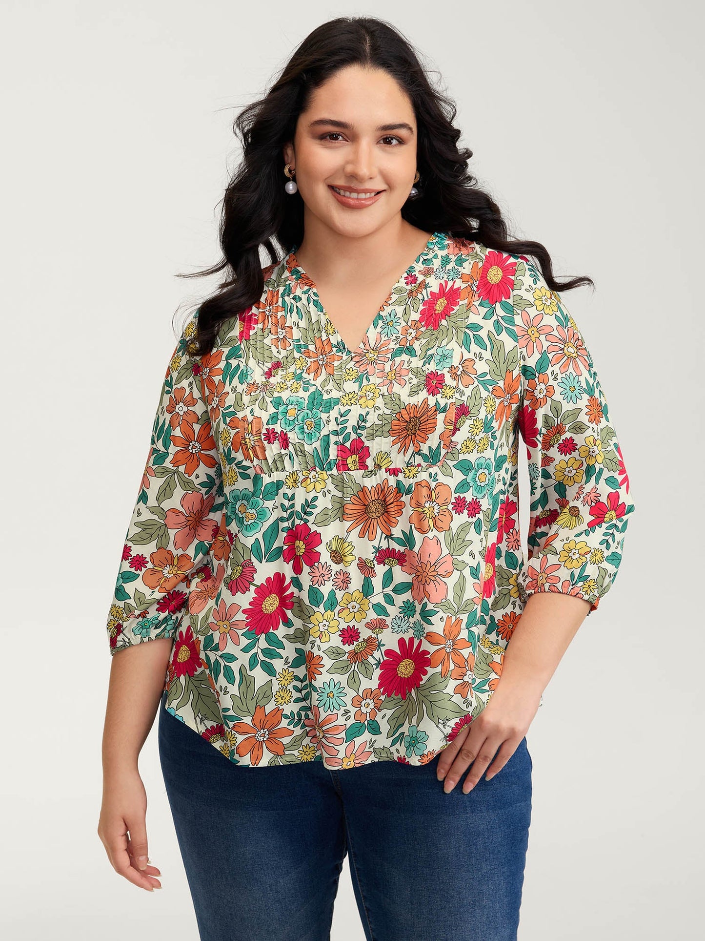 Supersoft Large Floral Print Pleated Neck Blouse