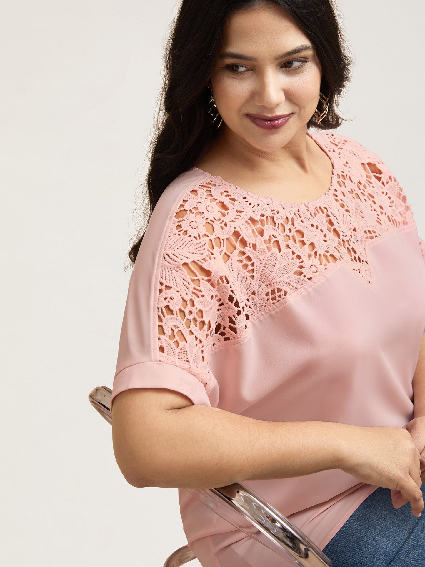 Sheer Lace Neck Half Sleeve Shirt