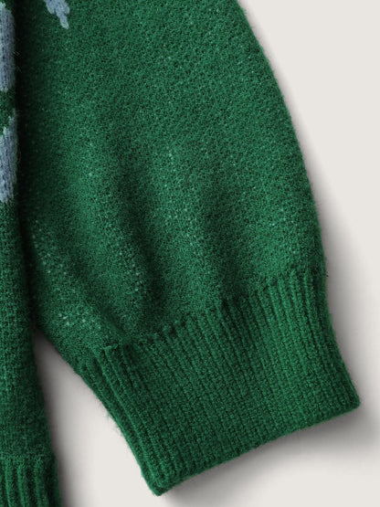 Cloudy Grass Print Jacquard Balloon Sleeve Pullover