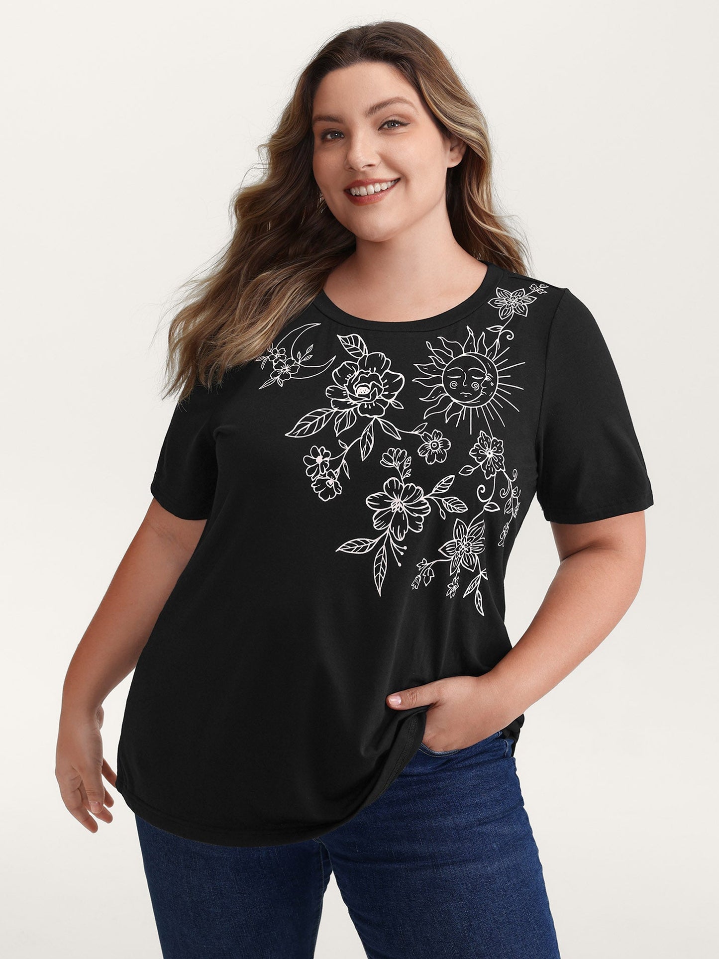 Floral Print Stretchy Round Neck T-Shirt