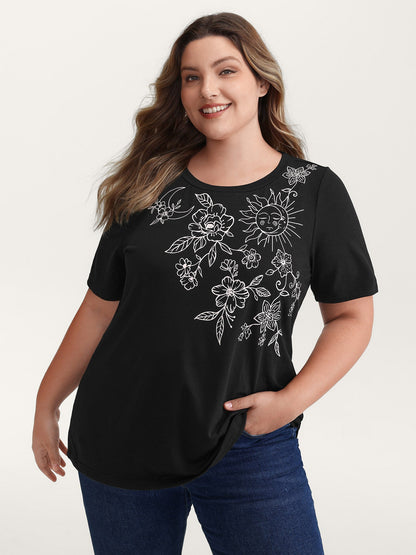Floral Print Stretchy Round Neck T-Shirt