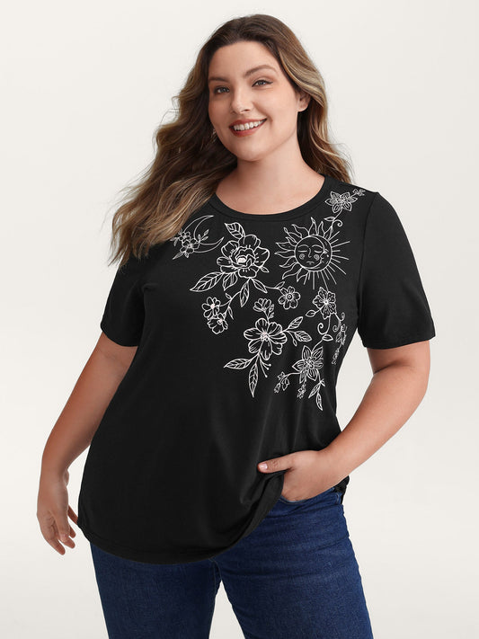 Floral Print Stretchy Round Neck T-Shirt
