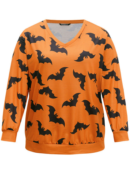 Halloween Bat Print V Neck Sweatshirt