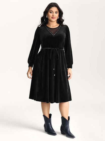 Velvet Sheer Neckline Belted Waist Maxi Dress