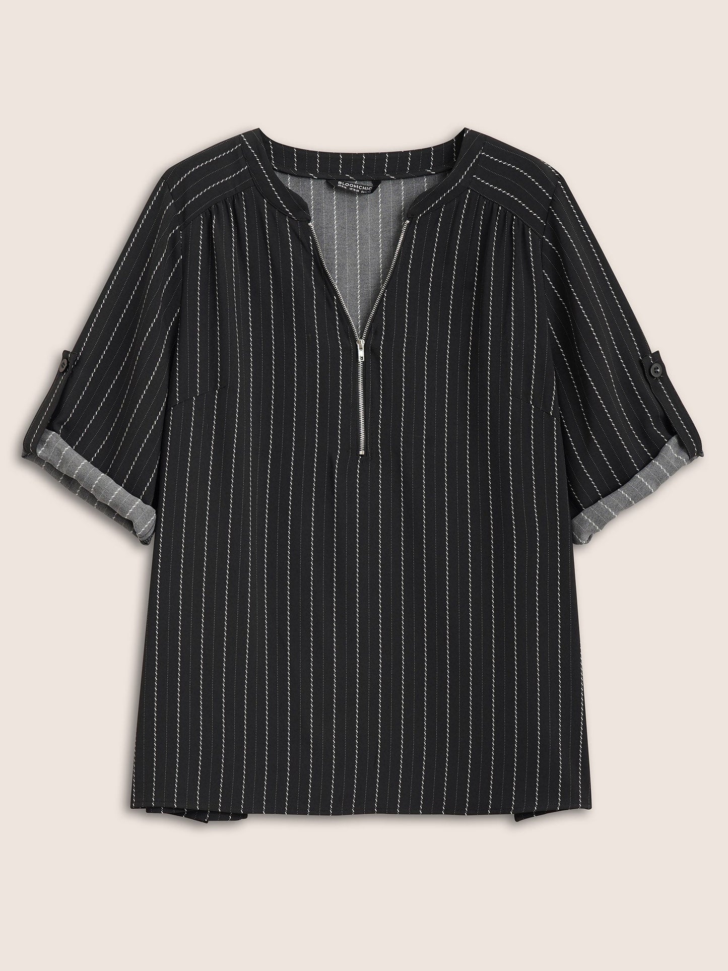 Striped Half Zip Tab Sleeve Blouse