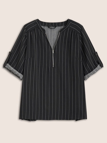 Striped Half Zip Tab Sleeve Blouse