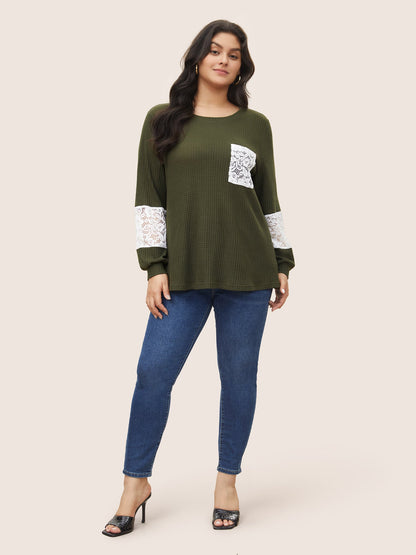 Waffle Knit Contrast Lace Patchwork T-shirt
