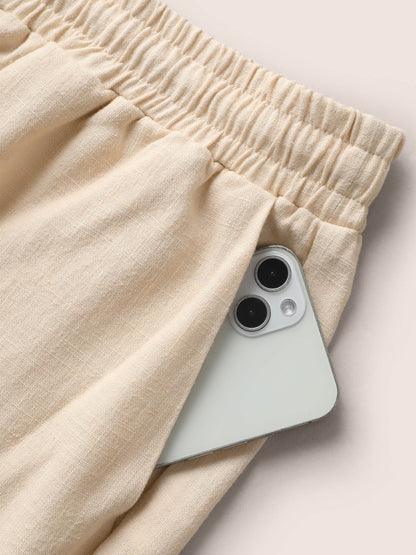 Linen Blend Drawstring Mid Rise Wide Leg Pants