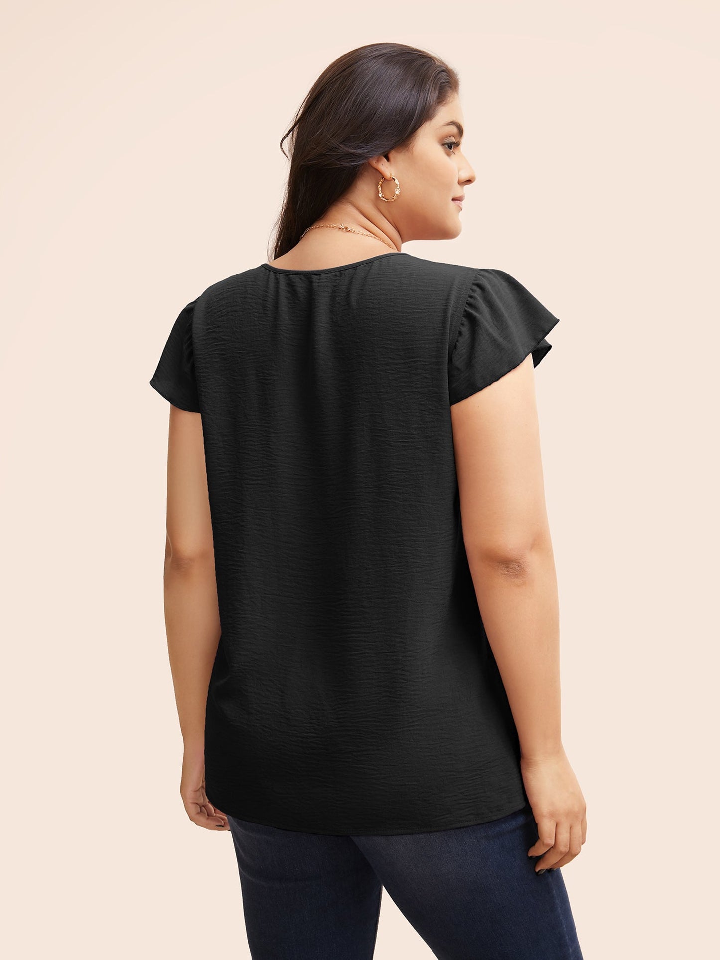 Solid Gathered Flutter Trim Blouse