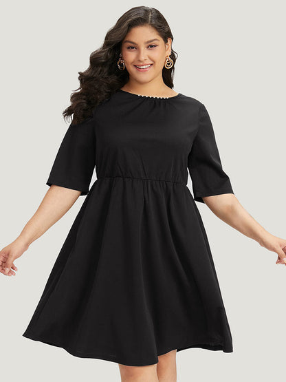 Plain Pocket Pearl Beaded Detail Gathered Dress