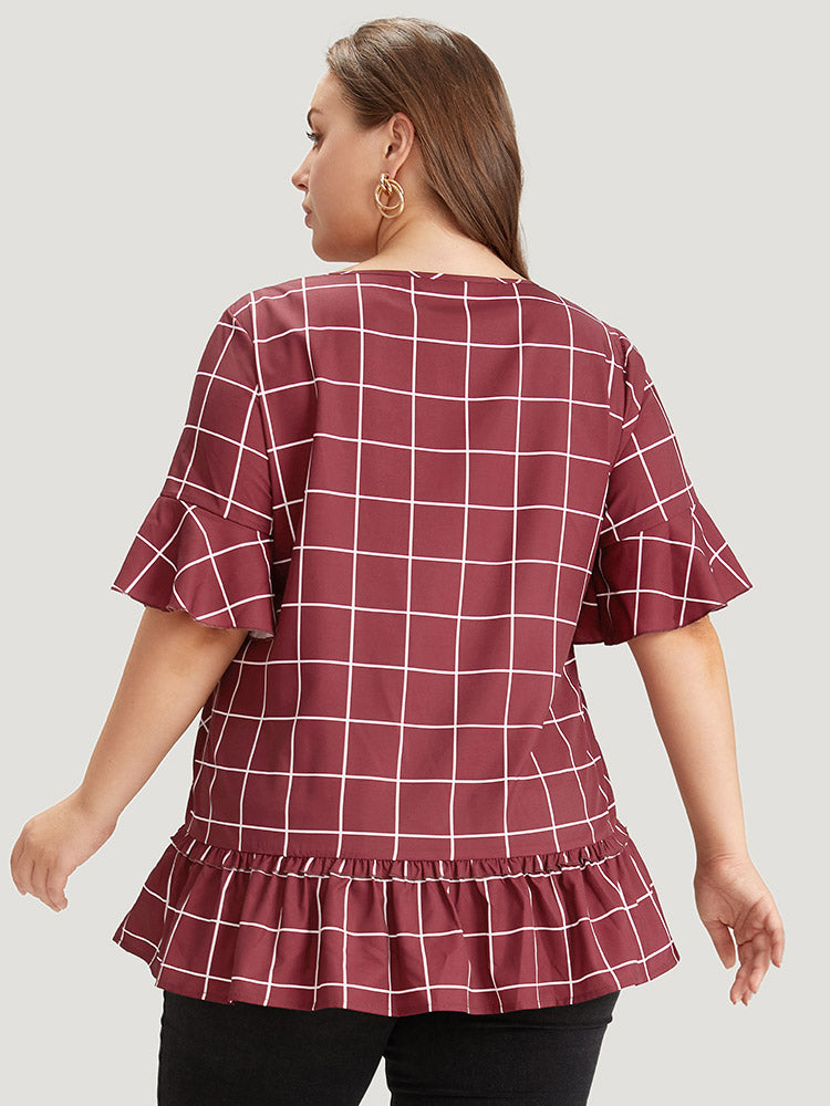 Plaid Frill Trim Bell Sleeve Flutter Hem Blouse