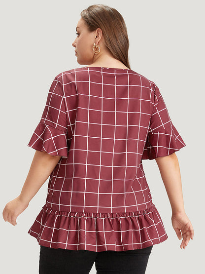 Plaid Frill Trim Bell Sleeve Flutter Hem Blouse