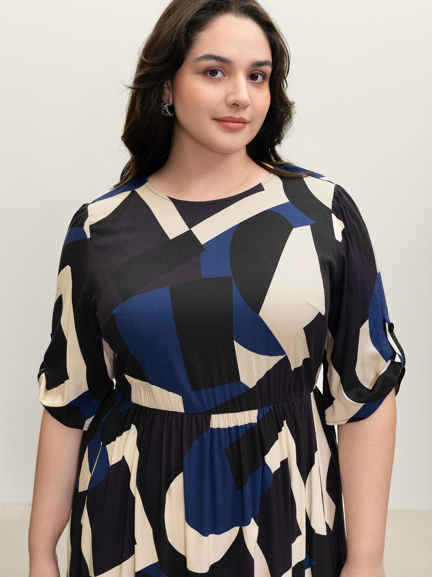 Geometric Print Stretchy Waist Cuffed Midi Dress
