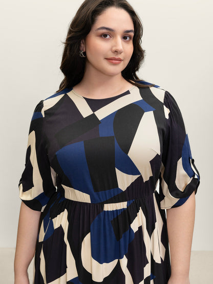 Geometric Print Stretchy Waist Cuffed Midi Dress