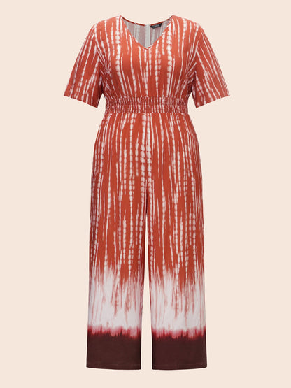 V Neck Gradient Dyeing Shirred Jumpsuit