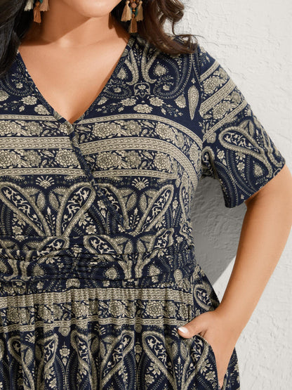 Paisley Stripe Print Pleated Waist Midi Dress