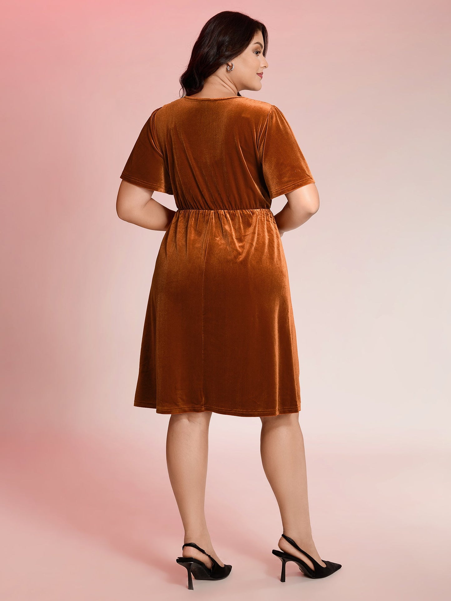 Velvet Button Pockets Flutter Sleeve Midi Dress