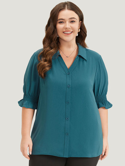 Plain Shirt Collar Shirred Button Up Ruffled Trim Blouse