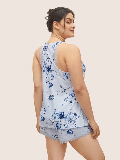 Floral Print Lace Patchwork Pajama Sets
