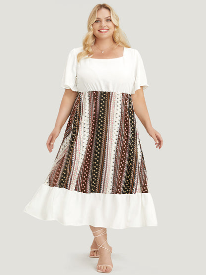 Bandana Patchwork Square Neck Pocket Ruffles Hem Dress