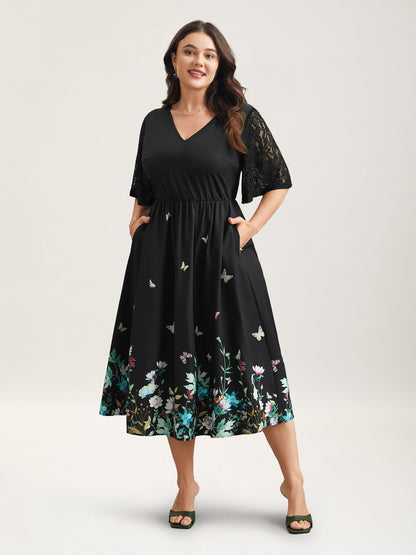 Gardenia Print Waist-Cinched Lace Midi Dress