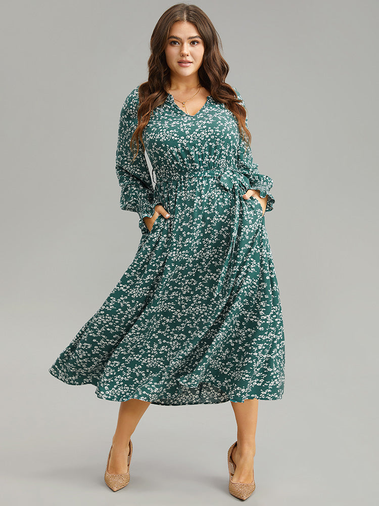 Ditsy Floral Shirred Belted Notched Dress