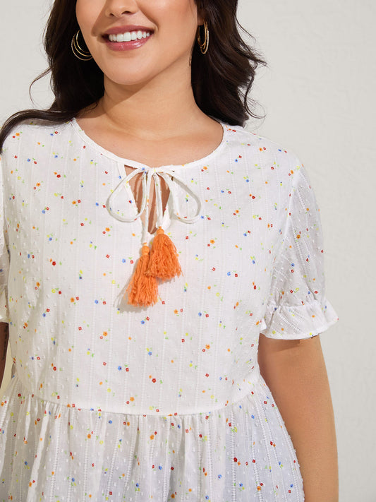 Cotton Colorful Embroidered Tassels Solid Blouse