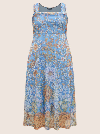 Square Neck Floral Mesh Tank Dress
