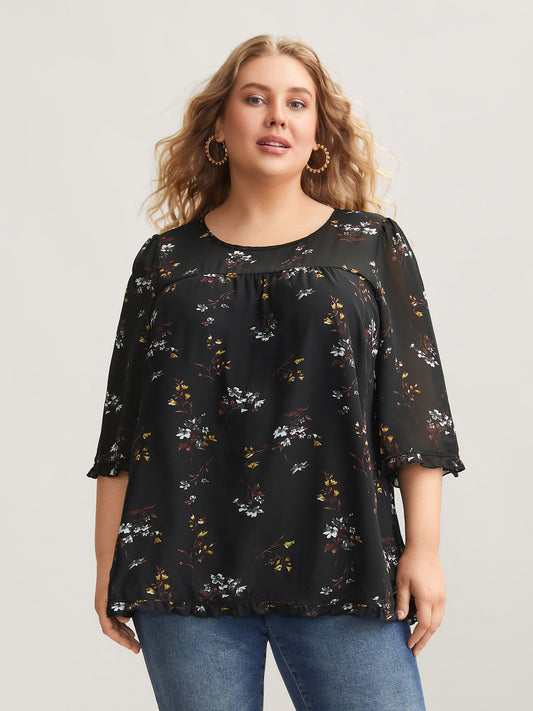 Floral Print Sheer Ruffled Trim Sleeve Shirt