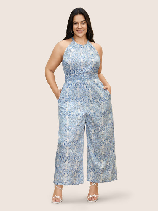 Halter Boho Print Shirred Gathered Jumpsuit