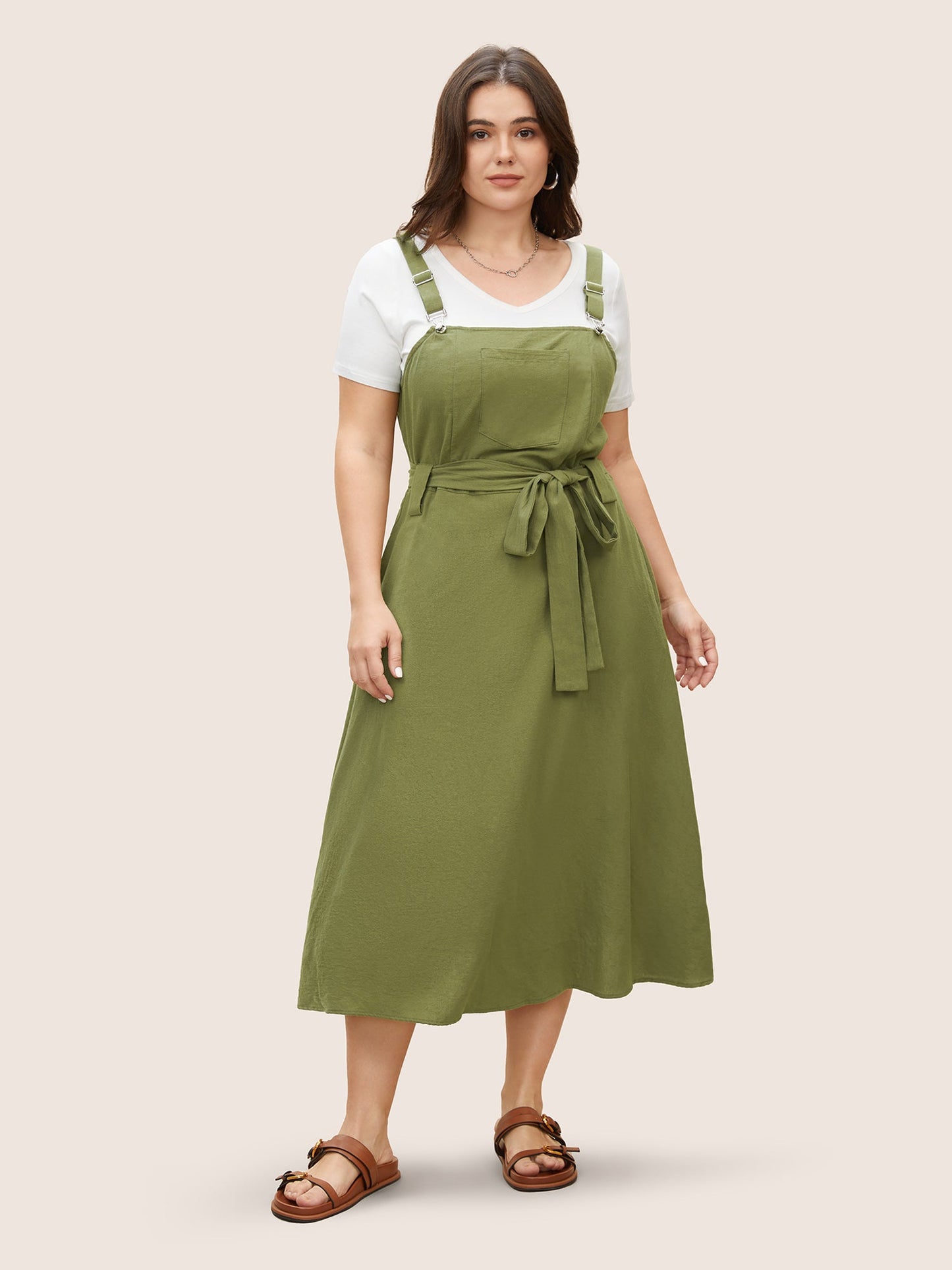 Solid Patched Pocket Adjustable Straps Belted Dress