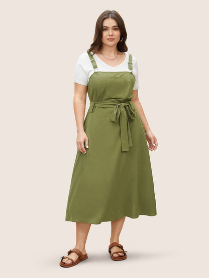 Solid Patched Pocket Adjustable Straps Belted Dress