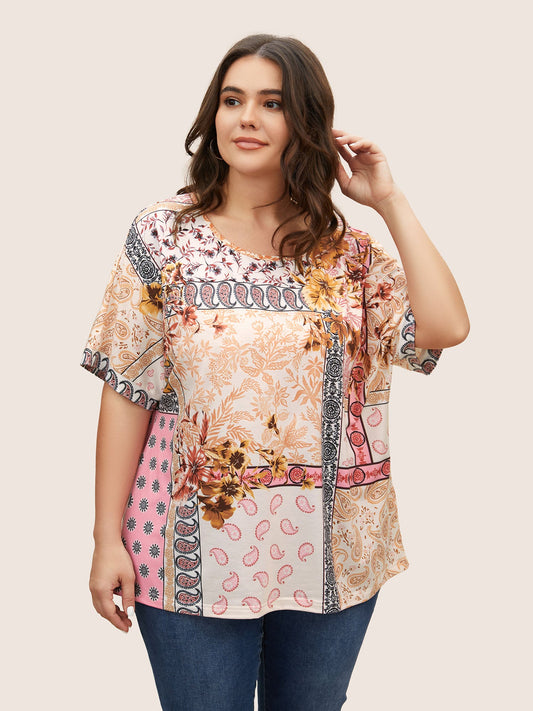 Round Neck Boho Print Patchwork T-shirt