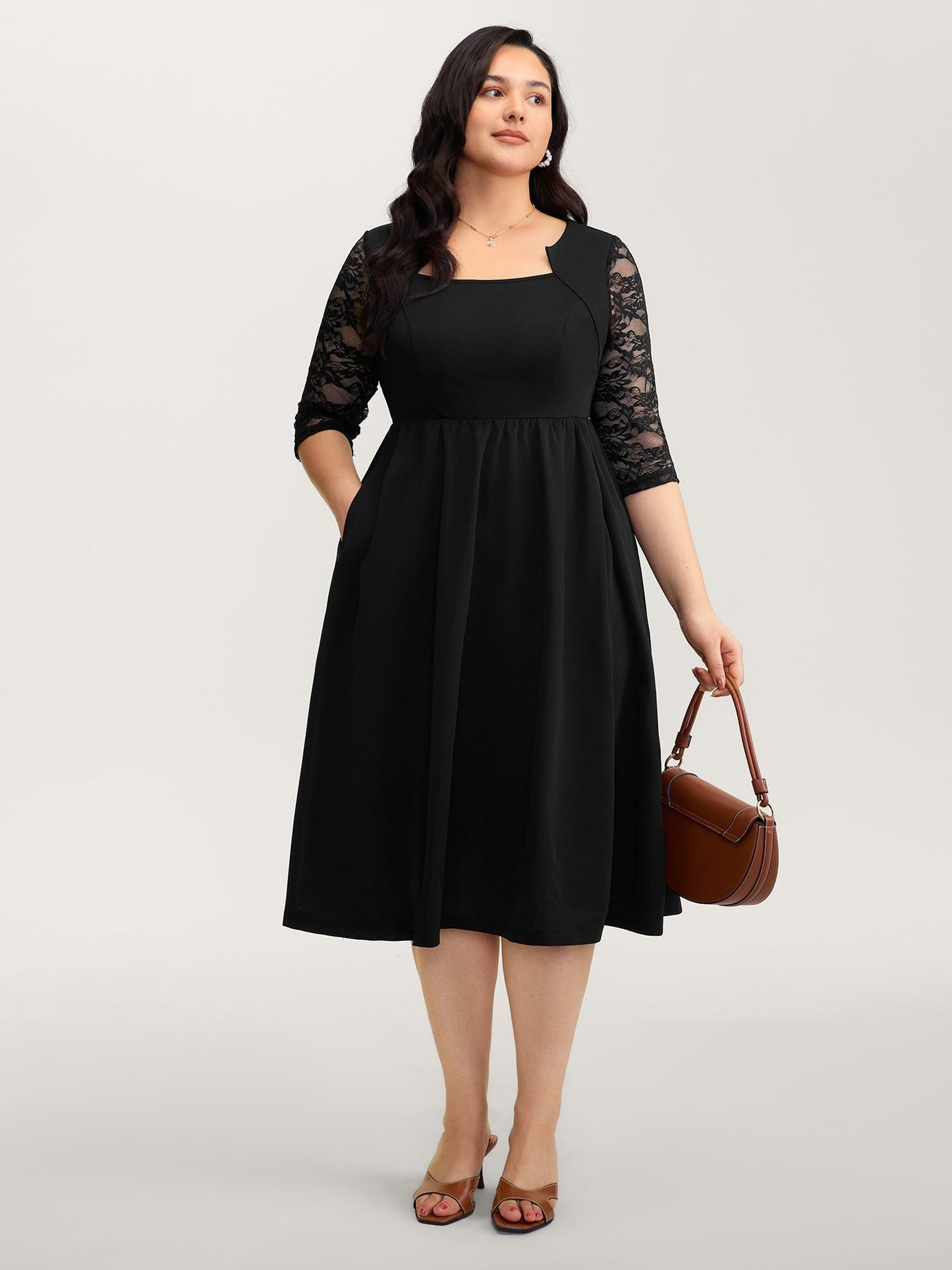 Stretchy Sheer Sleeve Cinched-Waist Midi Dress