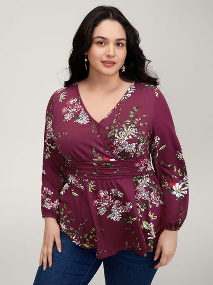 Floral Pleated Waist Stretchy Knit Top