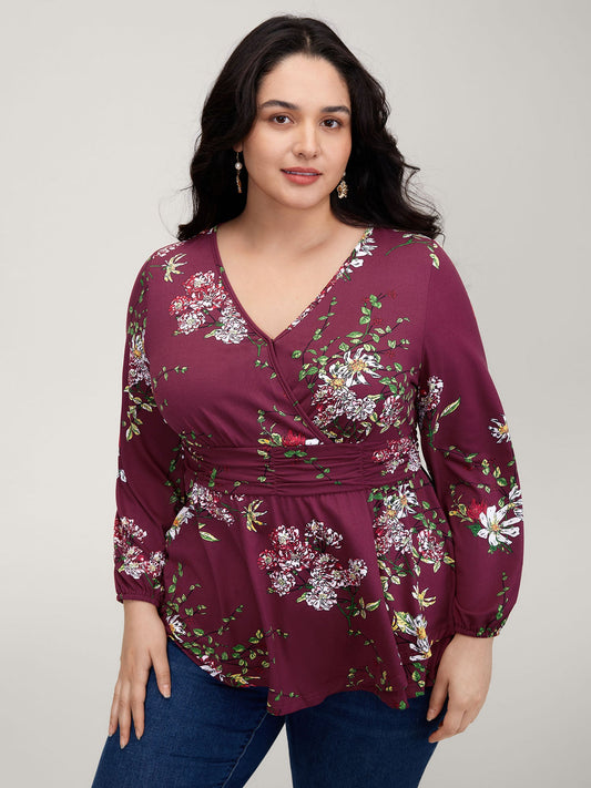 Floral Pleated Waist Stretchy Knit Top