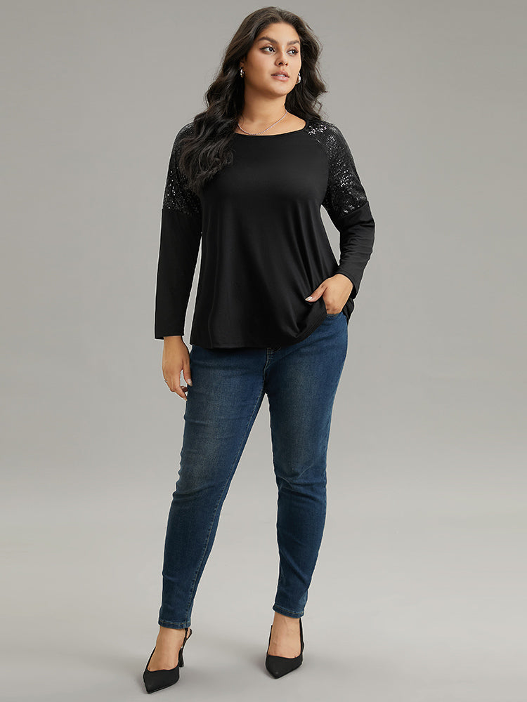 Sequin Patchwork Raglan Sleeve T-shirt