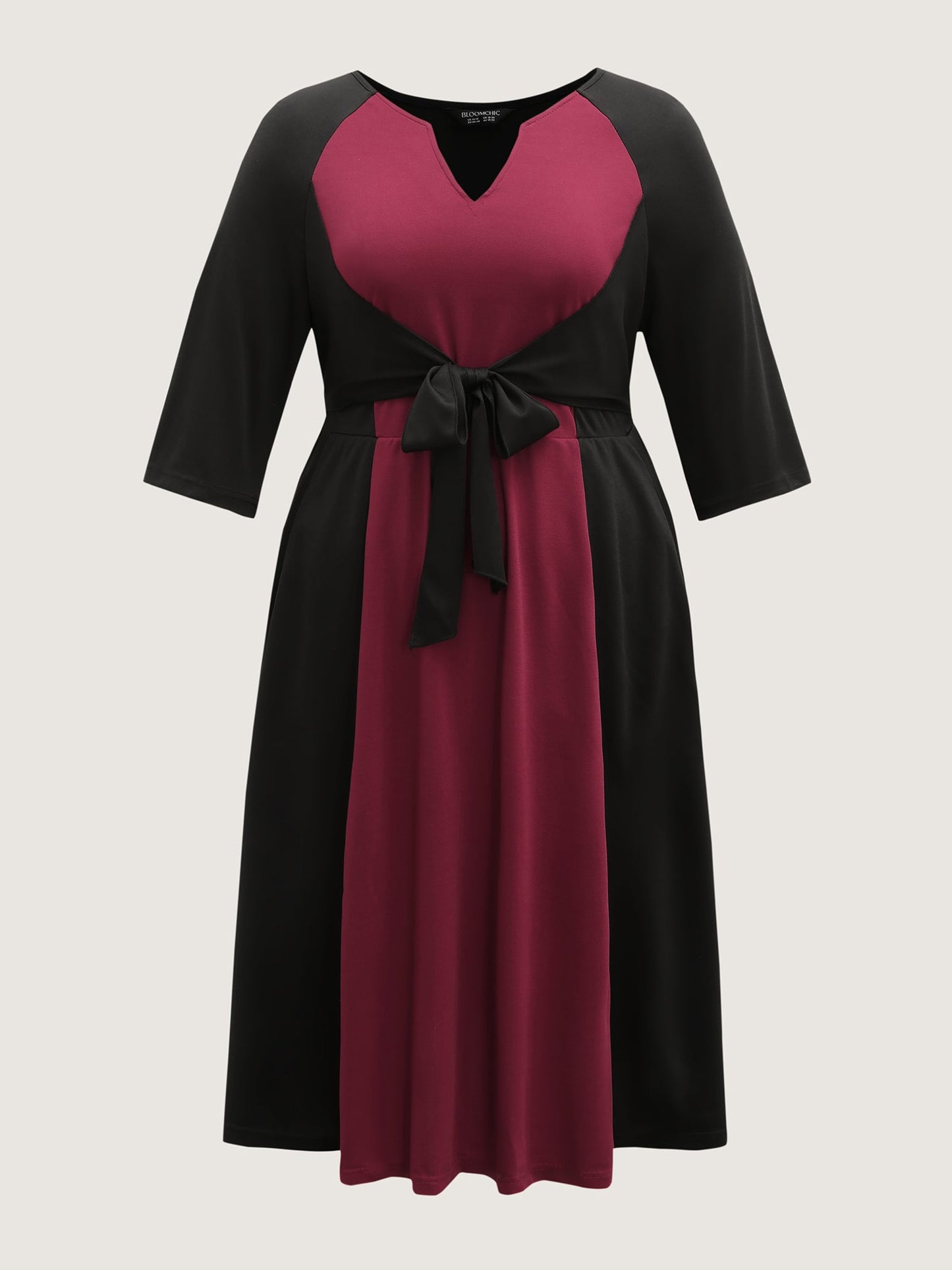 Contrast Stretchy Cinched-Waist Midi Dress