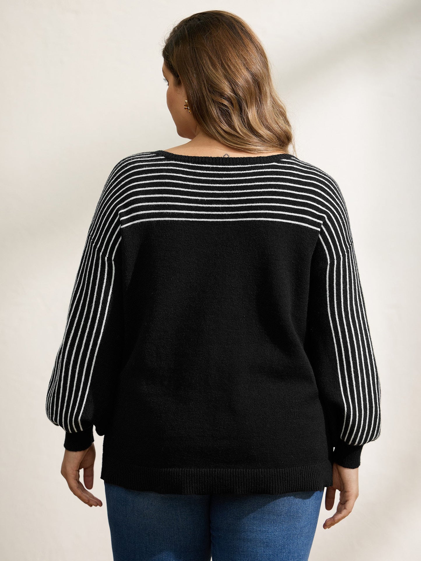 Stripe Boat Neck Balloon Sleeve Pullover