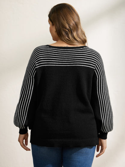 Stripe Boat Neck Balloon Sleeve Pullover