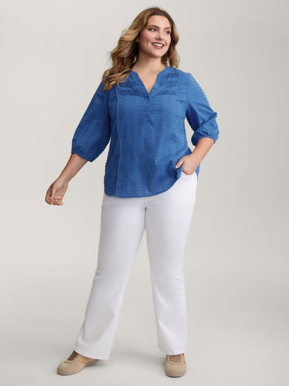 Textured Pleated Notched Neckline Blouse